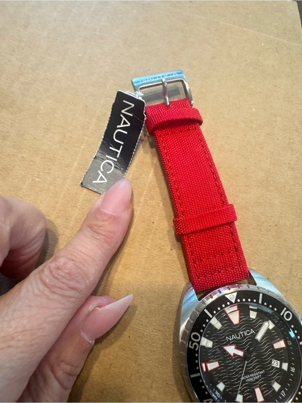 Nautica Men's Red Canvas Strap Watch with Black Dial and Silver Case